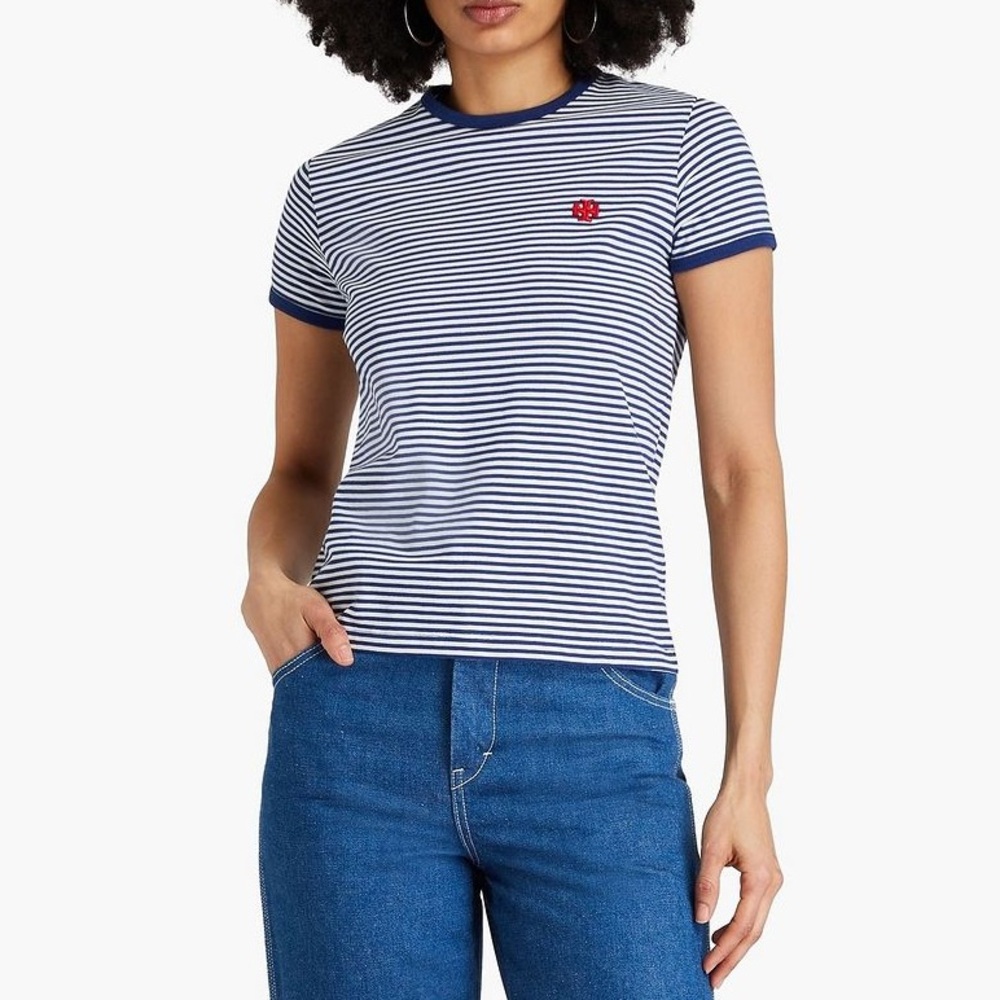 Tory Burch Sport Women's Blue Striped Cotton-Jersey Short Sleeve T-Shirt Medium